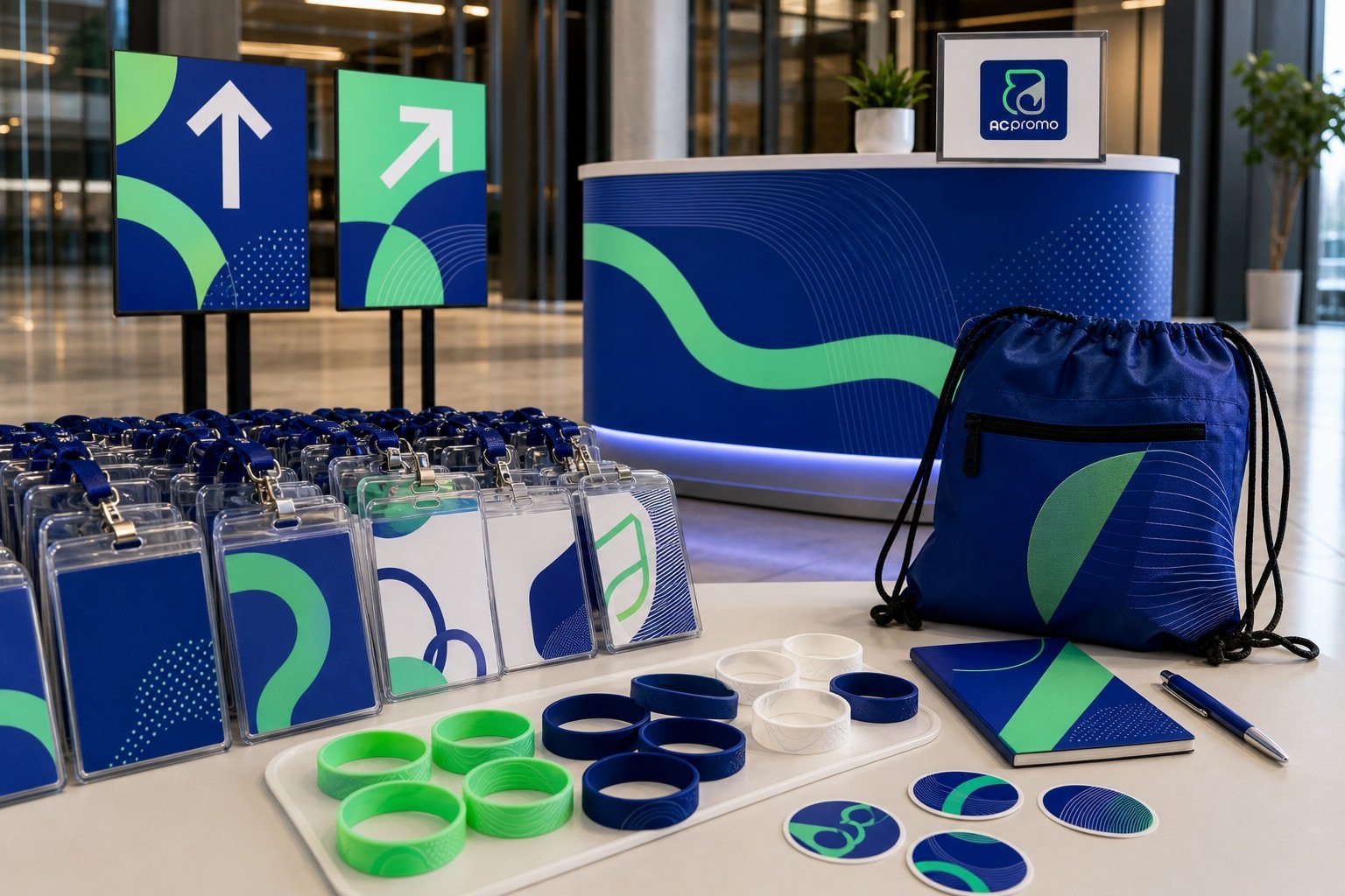 Imagem conceitual de kit para evento com credenciais, placas, adesivos e pulseiras