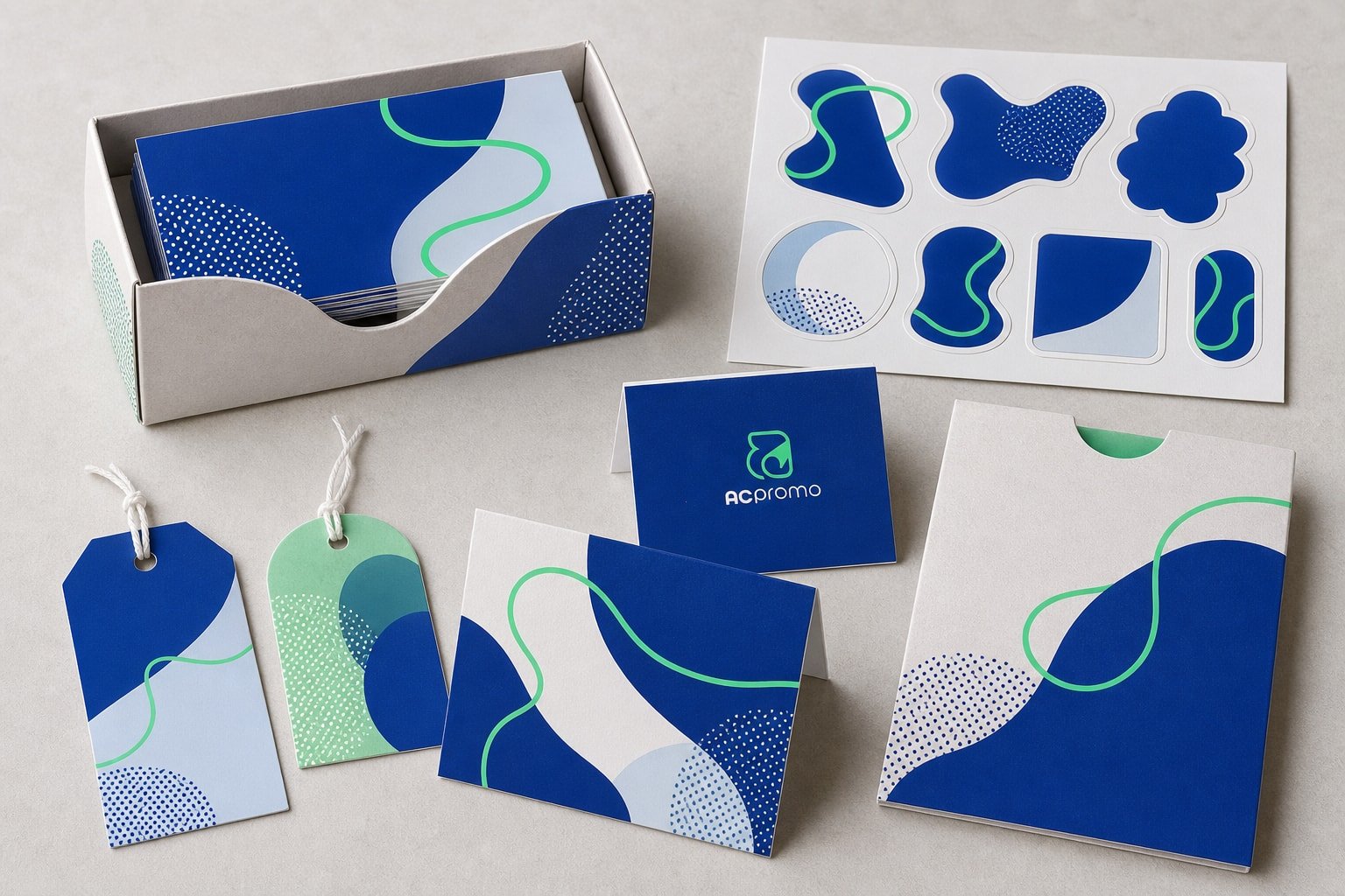 Imagem conceitual de materiais promocionais com ímãs, cartela de adesivos, tags e embalagem