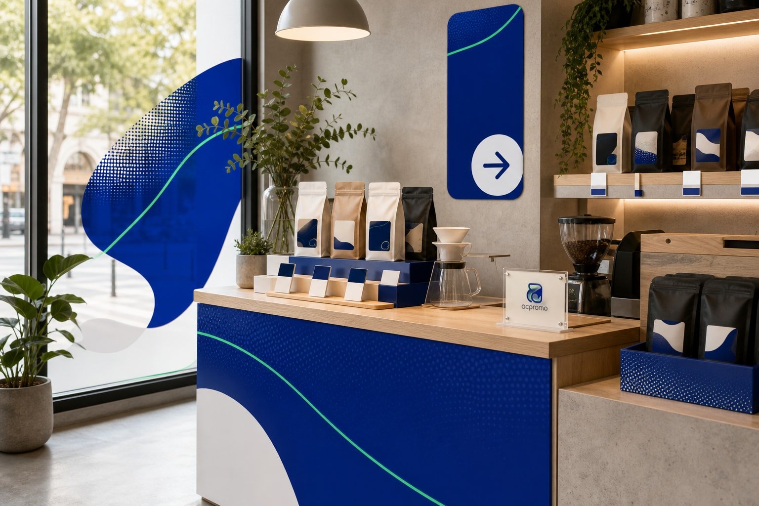Imagem conceitual de comunicação para ponto de venda com displays, adesivos de vitrine e sinalização