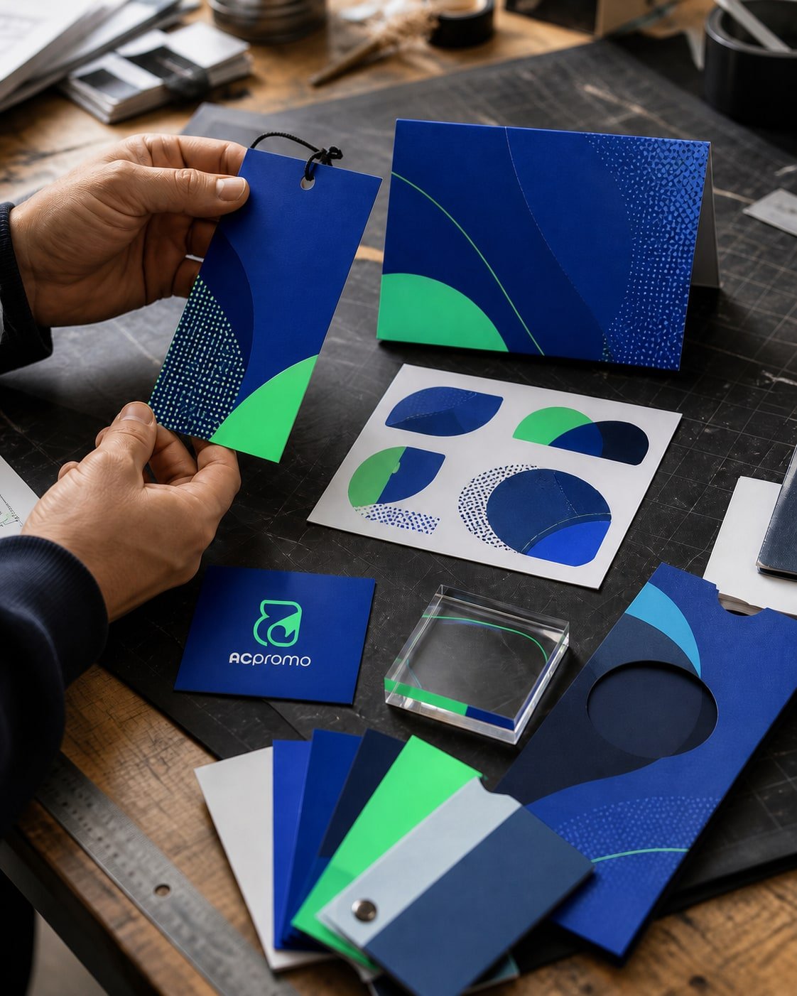 Materiais gráficos sendo conferidos em uma mesa profissional de produção e acabamento