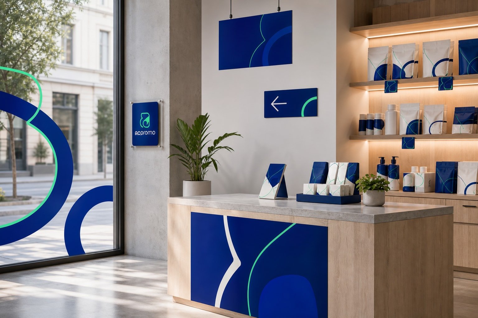 Imagem conceitual de displays, sinalização e adesivos de vitrine coordenados em um ambiente de varejo